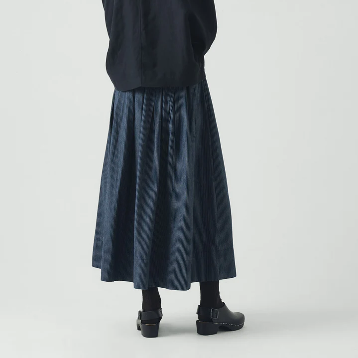 Denim Blue Railroad Stripe Pleated Cotton Skirt