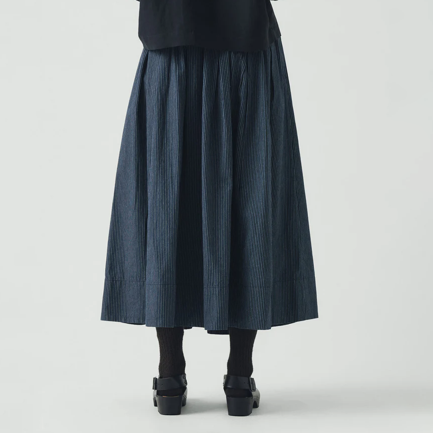 Denim Blue Railroad Stripe Pleated Cotton Skirt