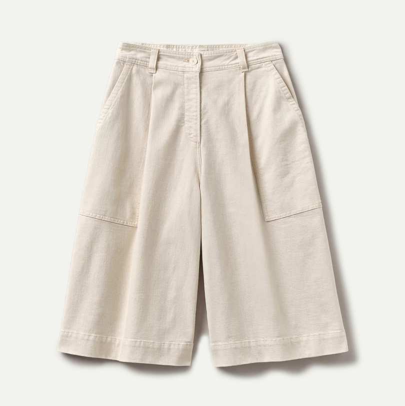 Ecru Pleated Denim Shorts