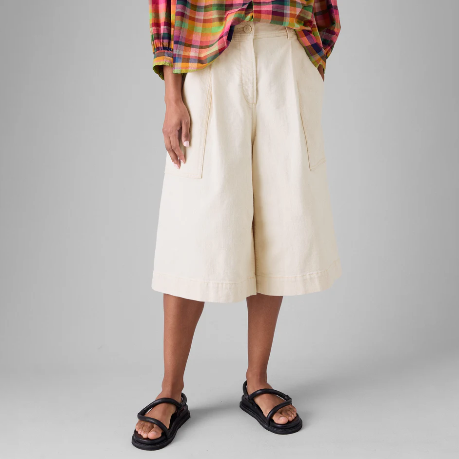 Ecru Pleated Denim Shorts