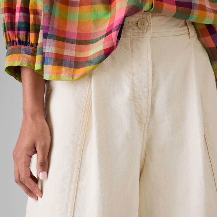 Ecru Pleated Denim Shorts