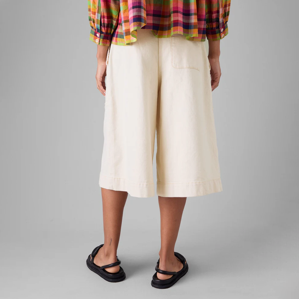 Ecru Pleated Denim Shorts