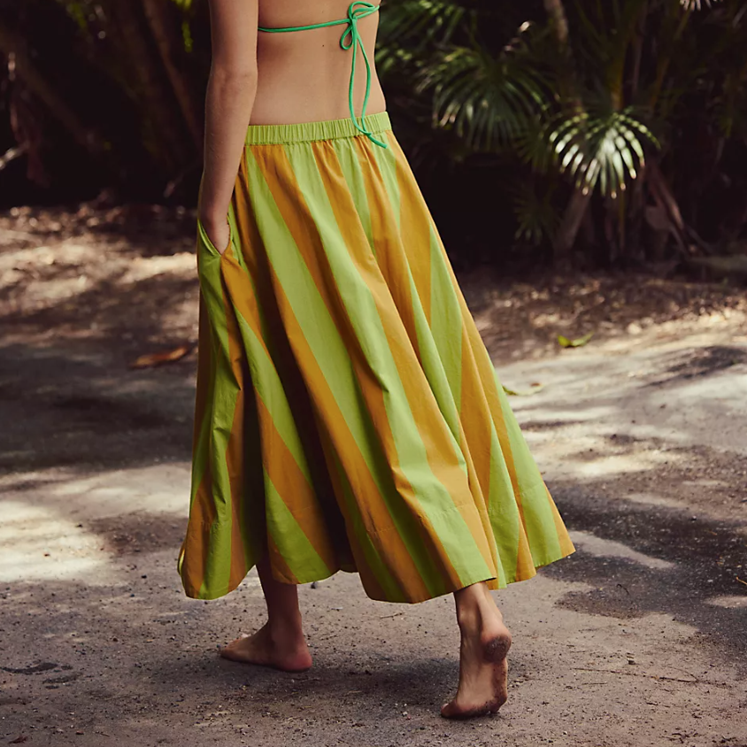 Green Retro Combo Lowen Striped Midi Skirt