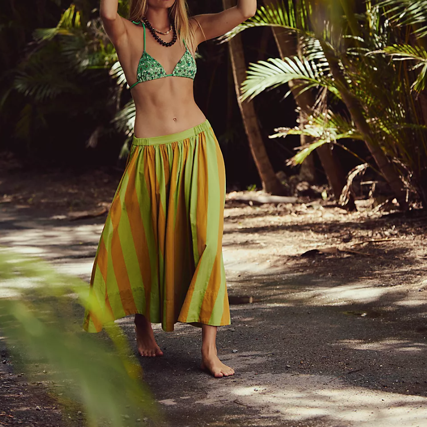 Green Retro Combo Lowen Striped Midi Skirt