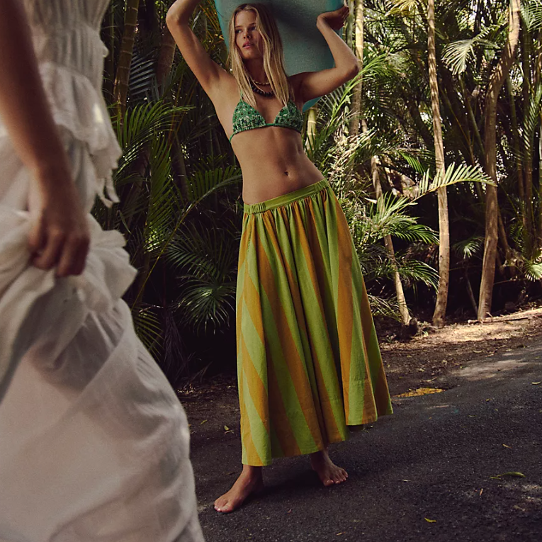 Green Retro Combo Lowen Striped Midi Skirt