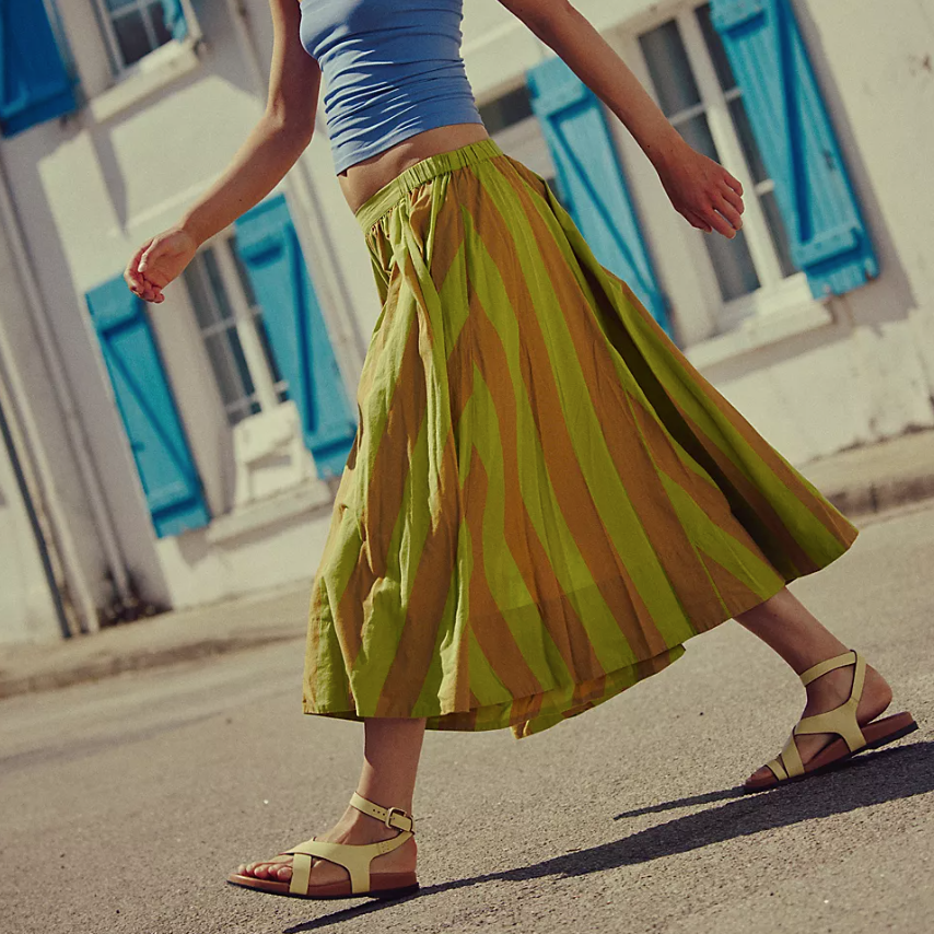Green Retro Combo Lowen Striped Midi Skirt
