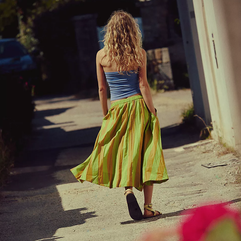 Green Retro Combo Lowen Striped Midi Skirt
