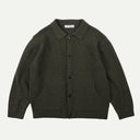 An olive green ribbed knit cardigan sweater with a pointed collar, dark buttons, and front patch pockets, shown flat on a light gray background.
