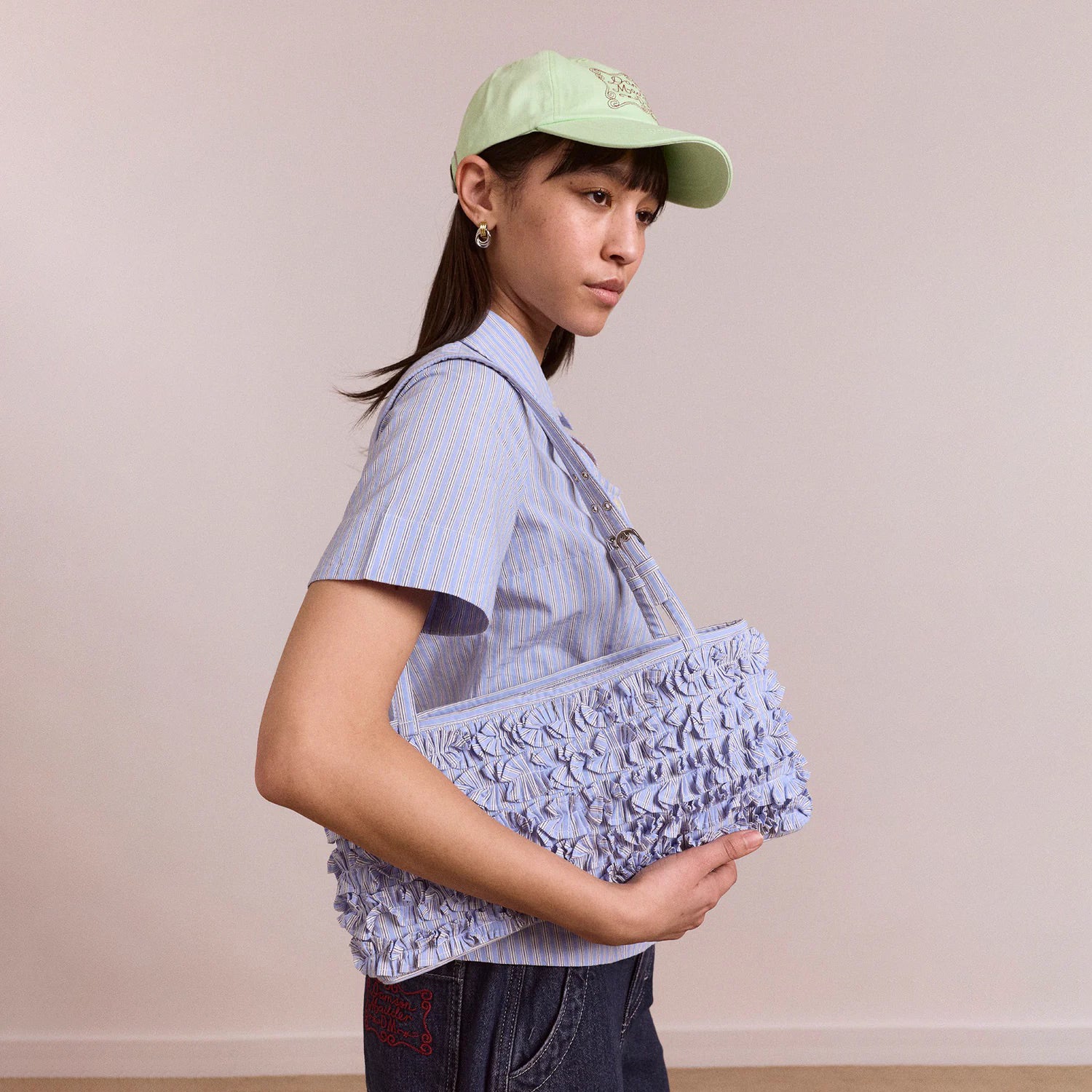 Blue Business Stripe Sophia Ruffle Baguette Bag