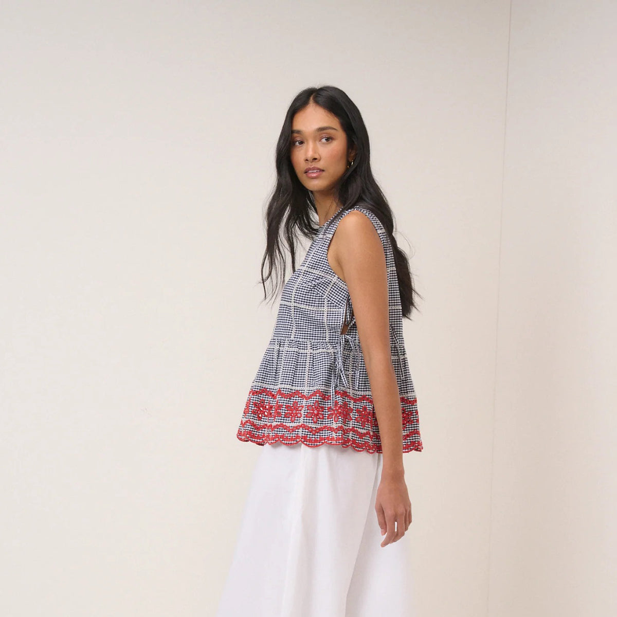 Black Gingham Embroidered Top