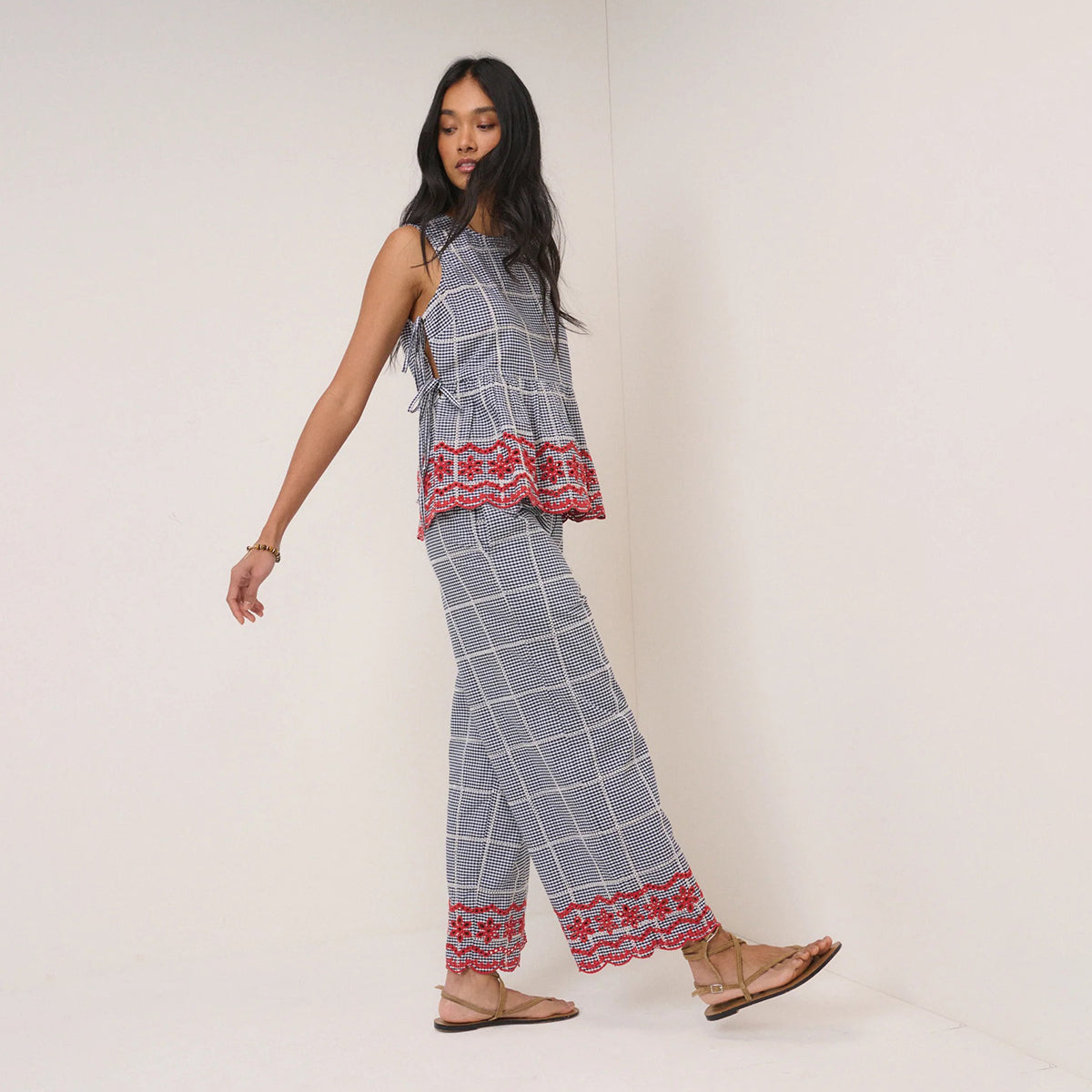 Black Gingham Embroidered Top