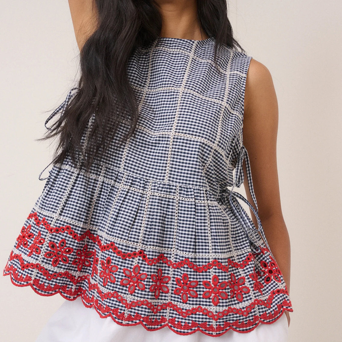 Black Gingham Embroidered Top