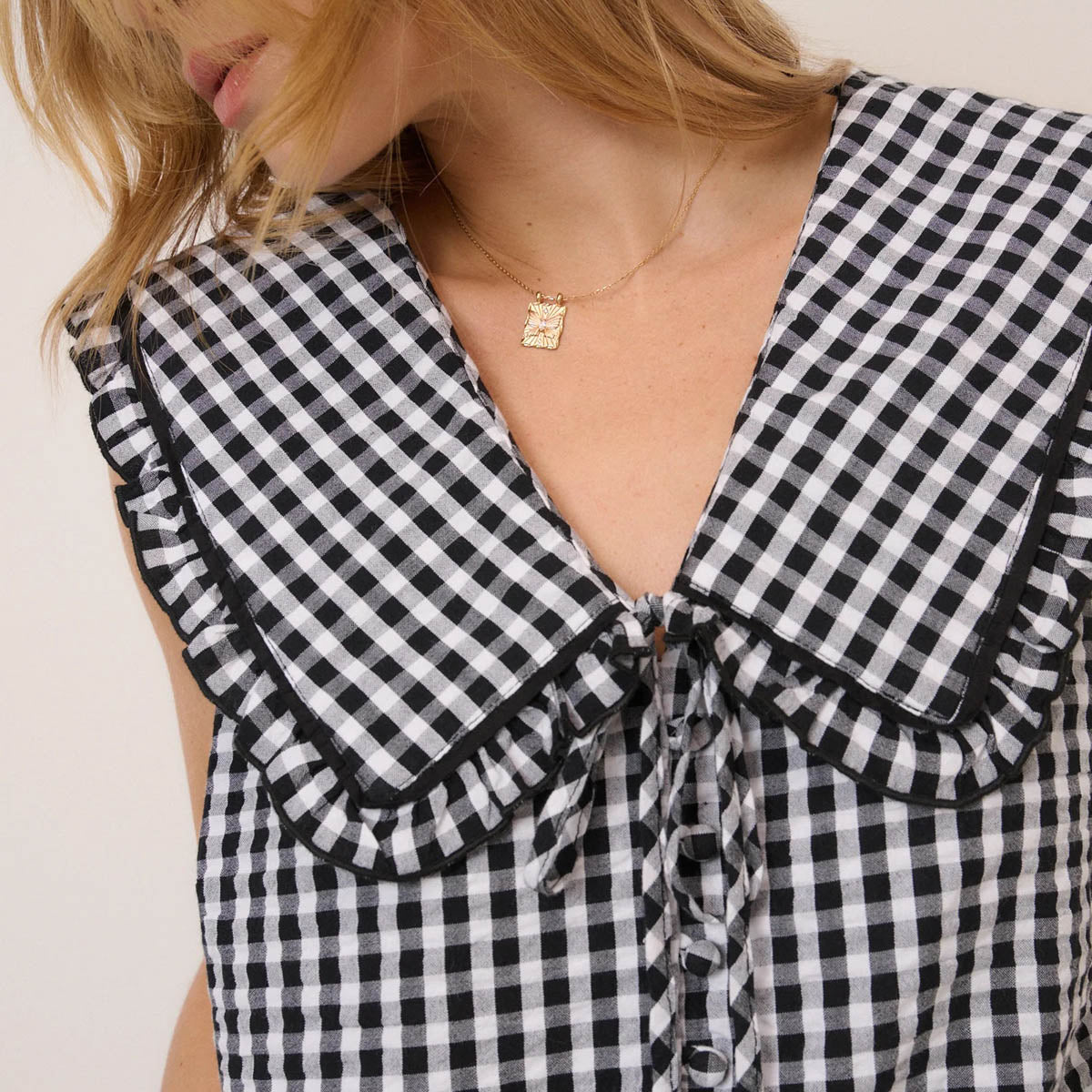 Black Gingham Blair Ruffle Collar Top