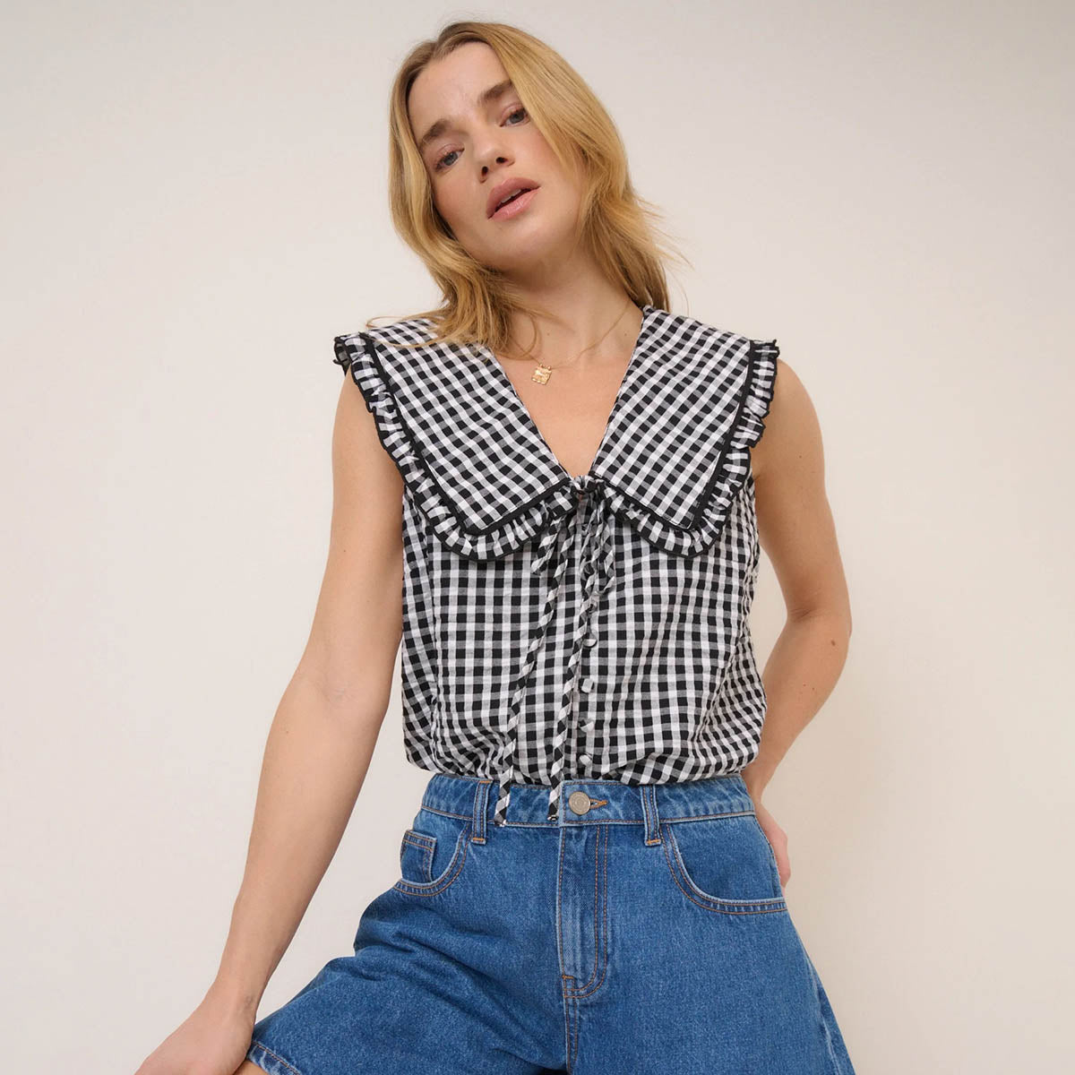Black Gingham Blair Ruffle Collar Top