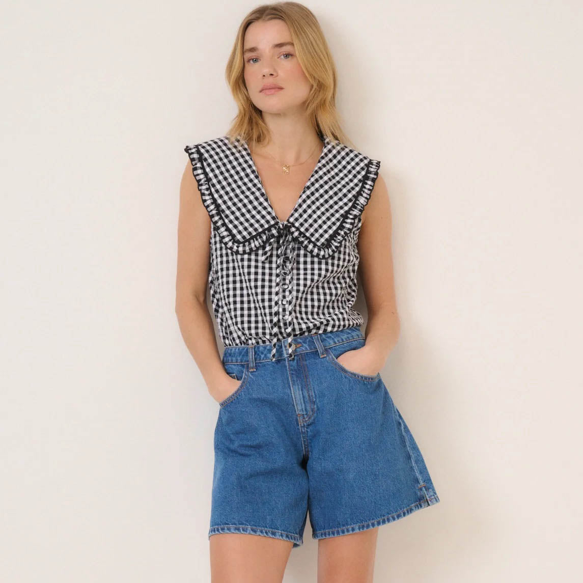 Black Gingham Blair Ruffle Collar Top