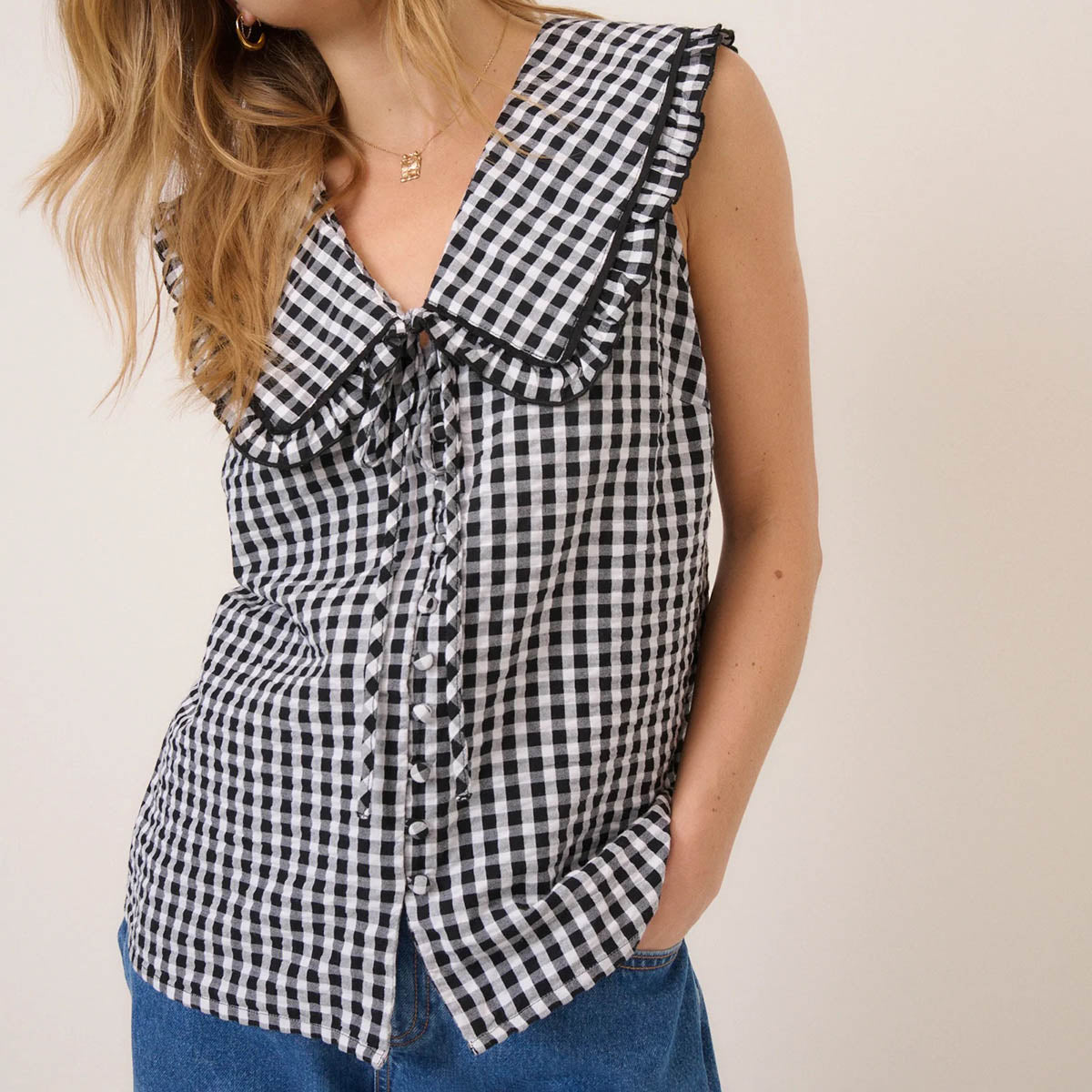 Black Gingham Blair Ruffle Collar Top
