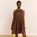 Sheer Choc Reed Drop Waist Ruffle Midi Dress
