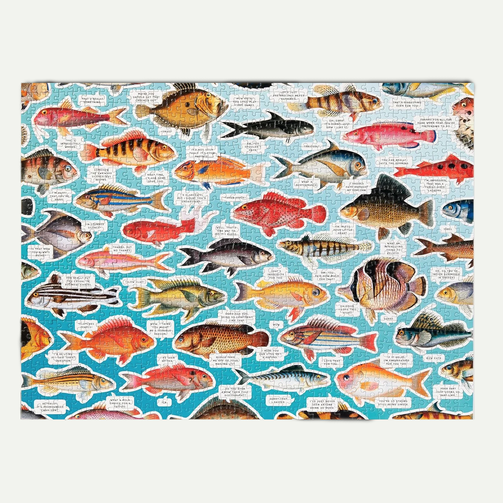 Puzzle box with colorful fish illustrations and labels on a blue background