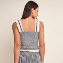 Navy Gingham Shirred Ruffle Trim Top
