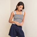 Navy Gingham Shirred Ruffle Trim Top
