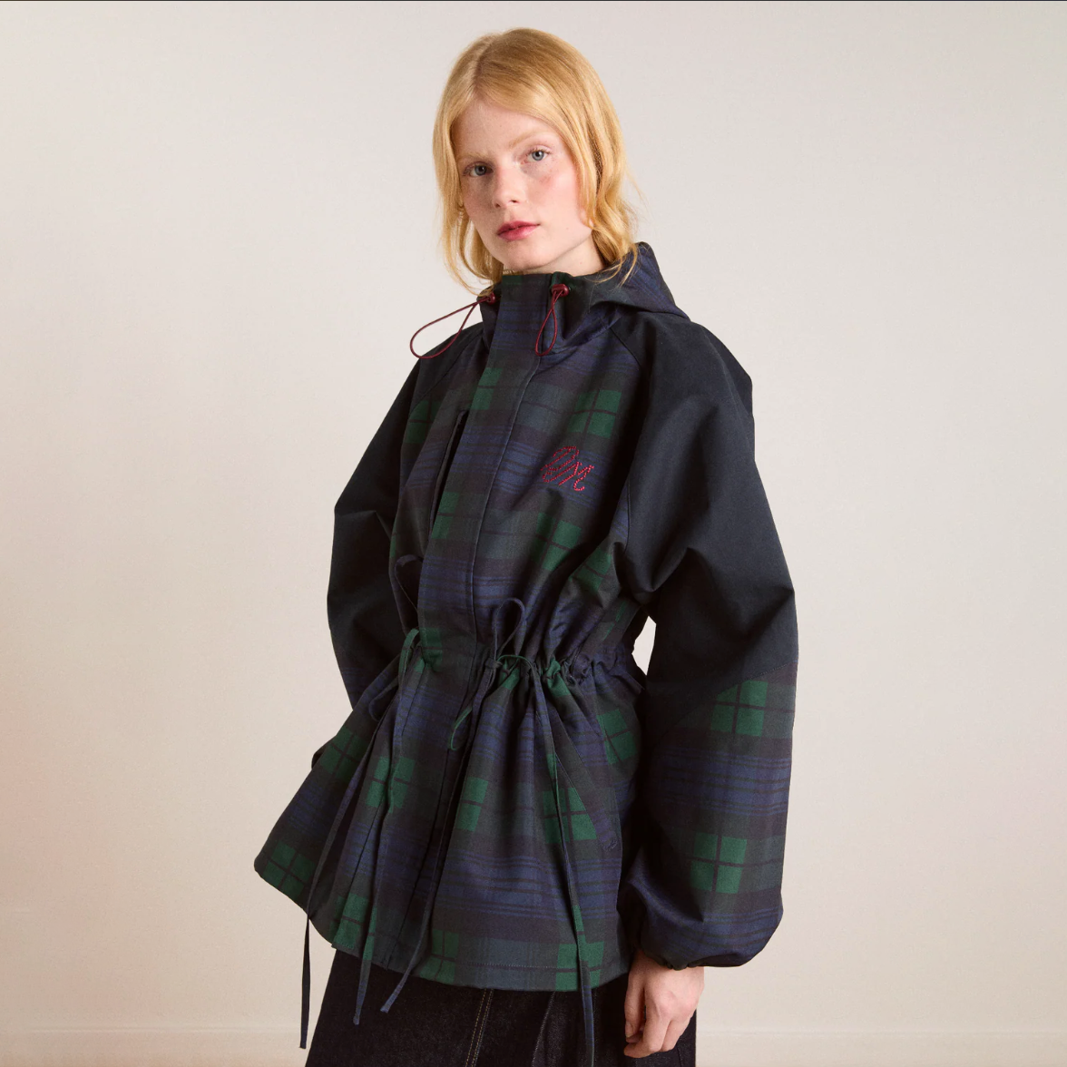 Navy Check Liu Raincoat