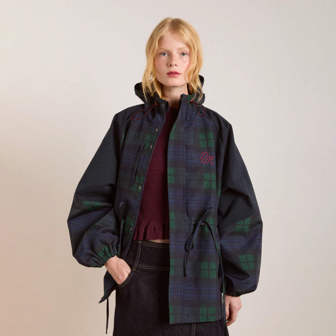 Navy Check Liu Raincoat