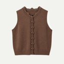 A brown knit vest with a scalloped crochet neckline, decorative front buttons, and ribbed trim, shown flat against a light off-white background.