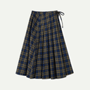 A pleated A-line skirt in a blue and brown plaid pattern, featuring a drawstring waist, shown against a plain off-white background.