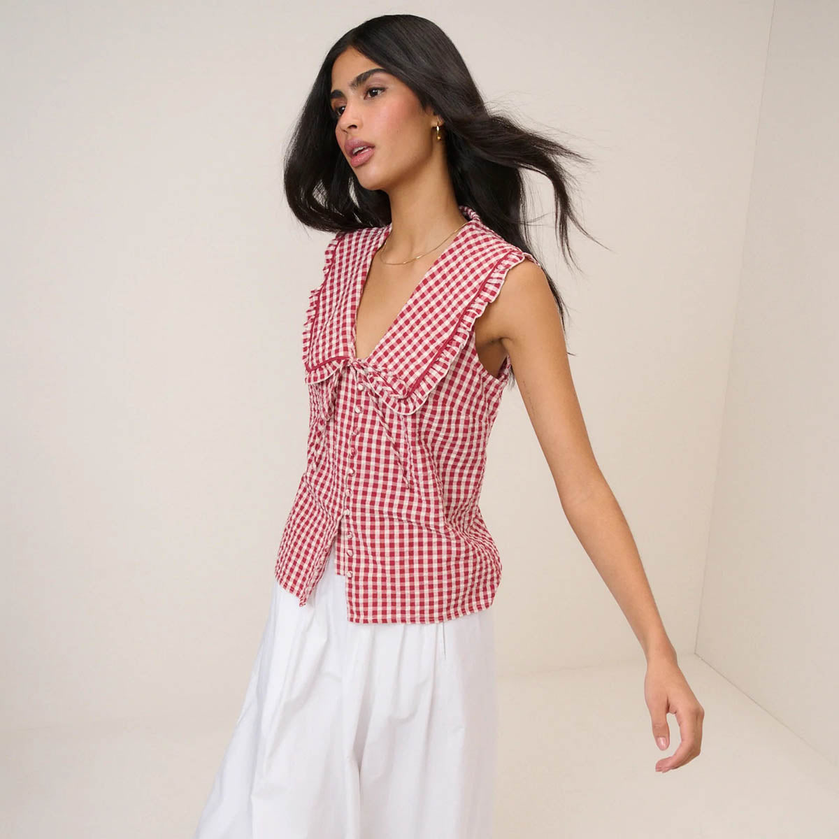 Red Gingham Blair Ruffle Collar Top