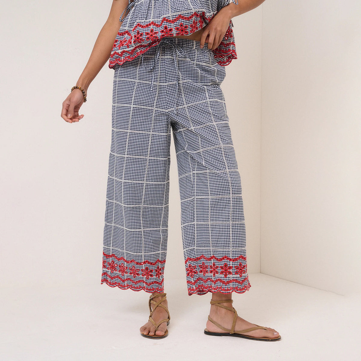 Black Gingham Shrew Embroidered Crop Trousers
