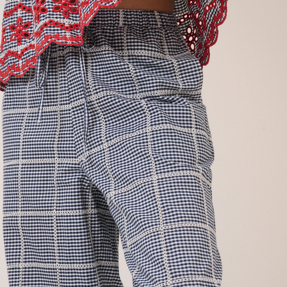 Black Gingham Shrew Embroidered Crop Trousers