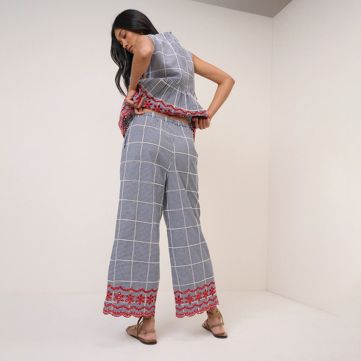 Black Gingham Shrew Embroidered Crop Trousers