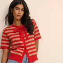 Red Stripe Tie Neck Cardigan