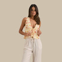 White Wildflower Tie Front Top