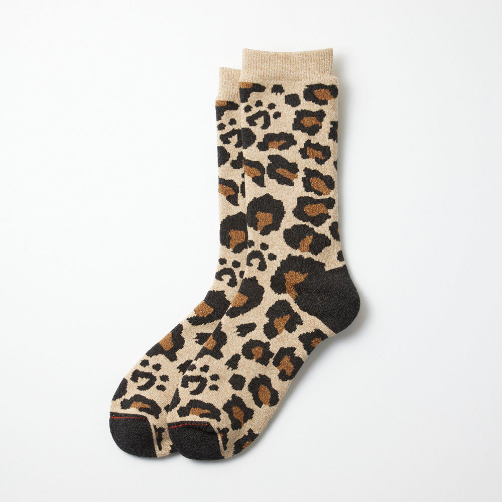 Rototo Pile Beige Leopard Crew Socks